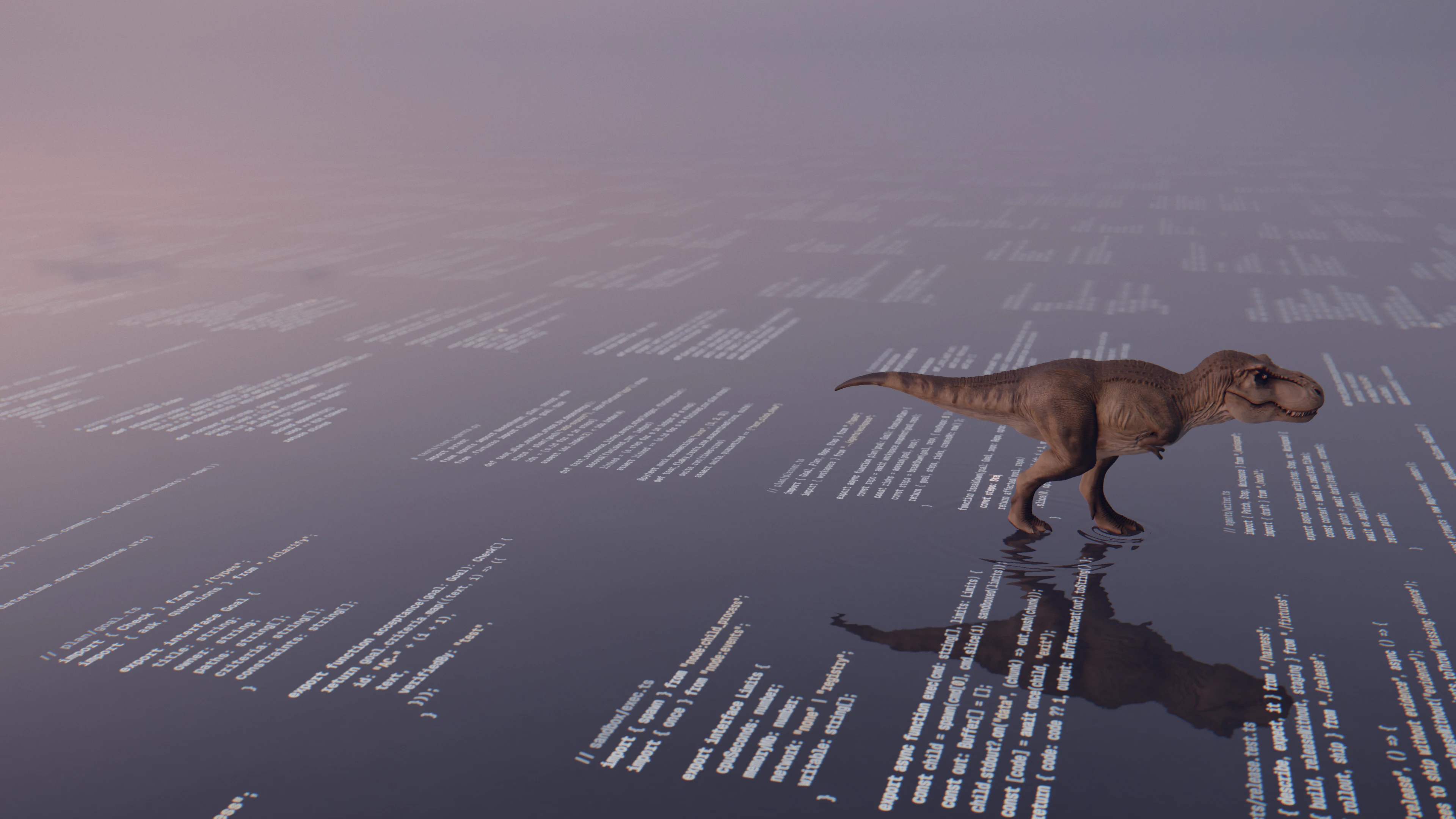A Tyrannosaurus rex walking across still water over a field of glowing code, at dusk.
